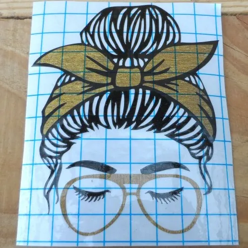 1457 Woman Head Vinyl Sticker with Golden Chignon, Scarf, and Glasses - Cutout