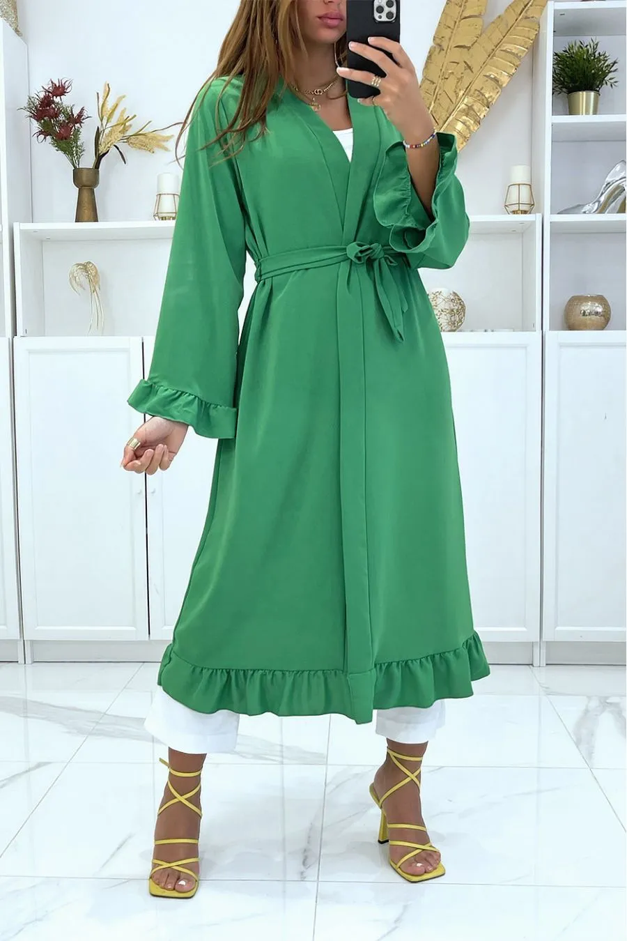 Green abaya kimono with ruffle and belt