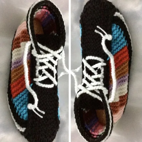 Basketball Style Indoor Booties, Multicolored Fantasy Design with Soft Soles, Handmade Knitted for Women, Girls, Men