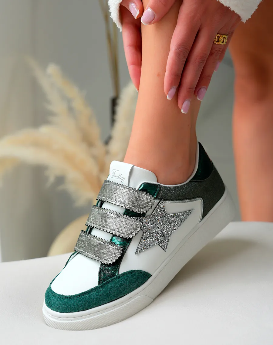 Green Women's Sneakers with Glitter Star Silver Detail and Velcro Straps