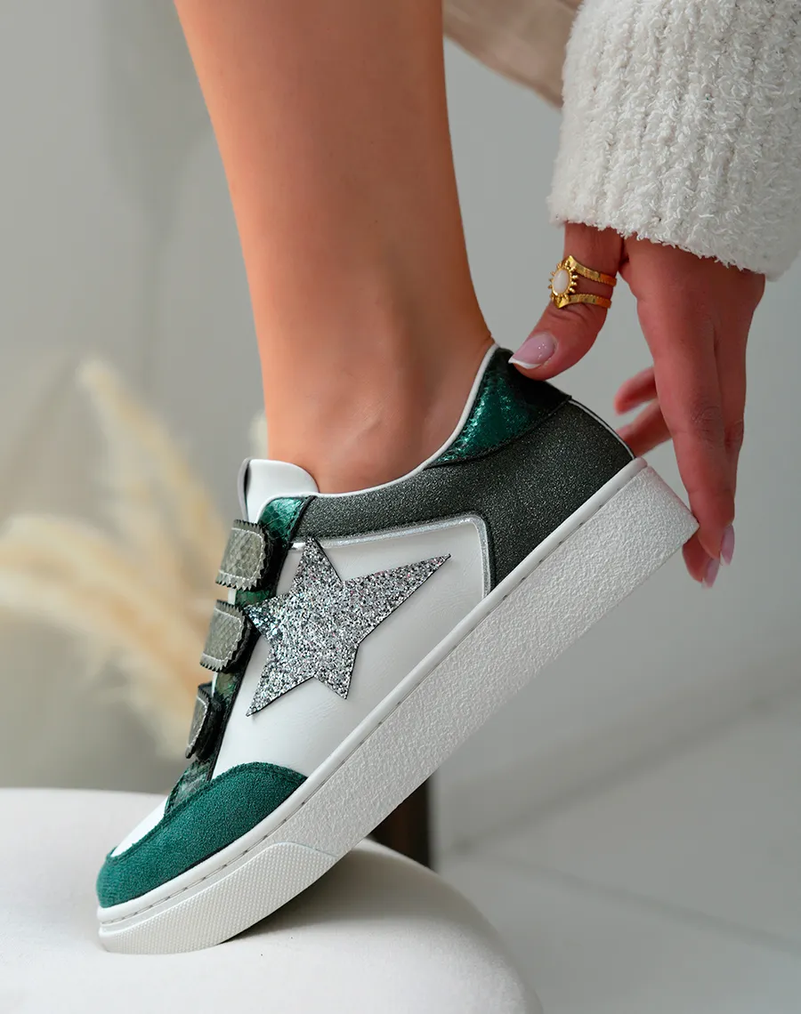 Green Women's Sneakers with Glitter Star Silver Detail and Velcro Straps