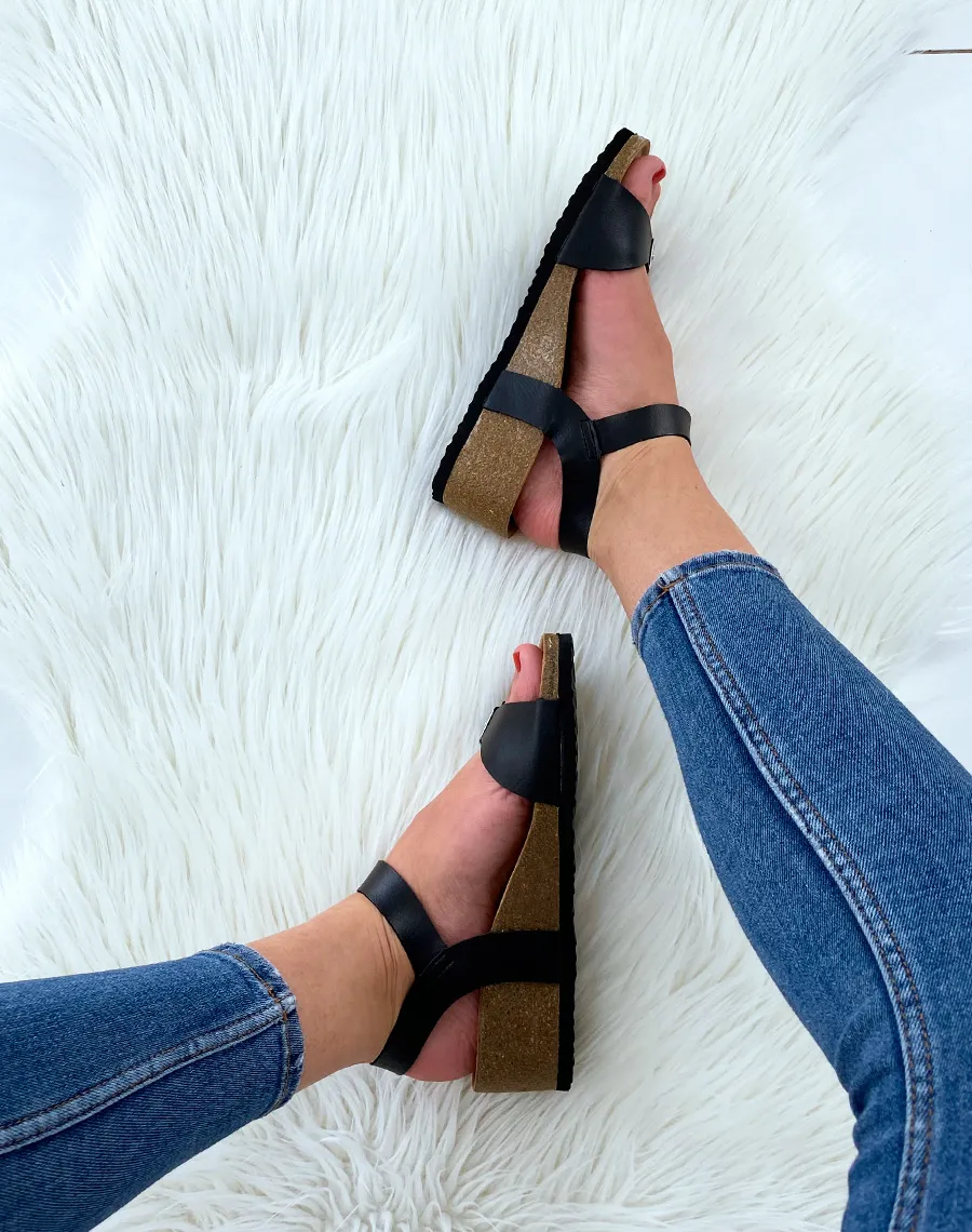 Black double-strap wedge sandals