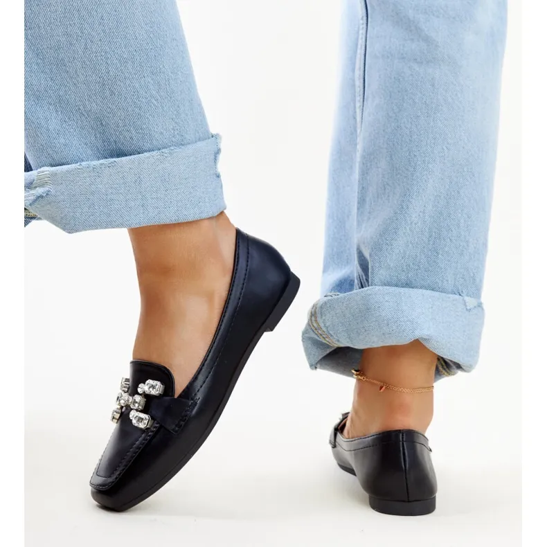 Black Loafers with Mali Zirconia Buckle - Black