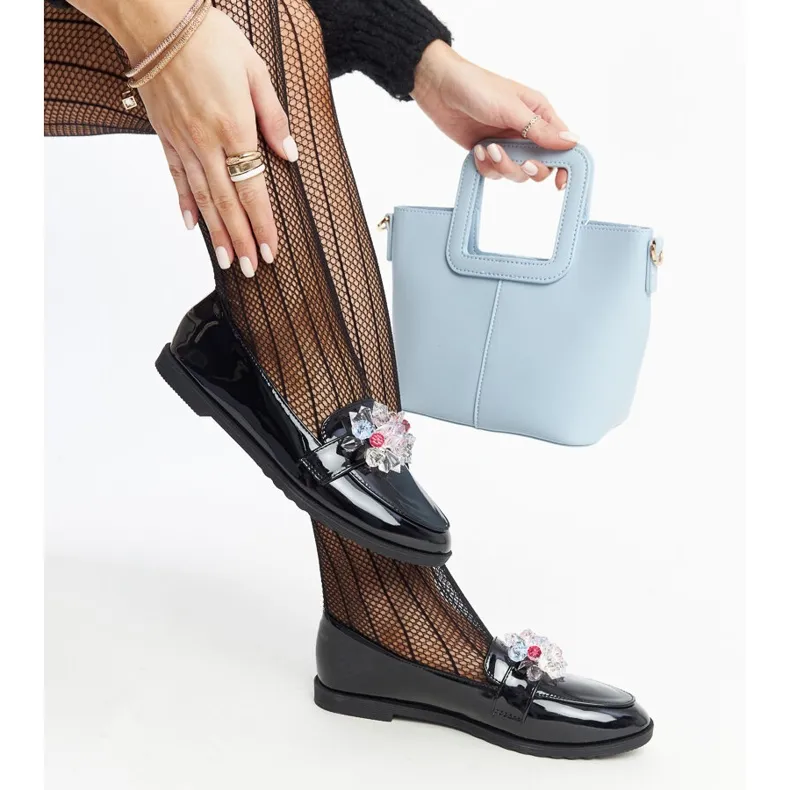 Black patent leather moccasins embellished with crystals Mirela Black
