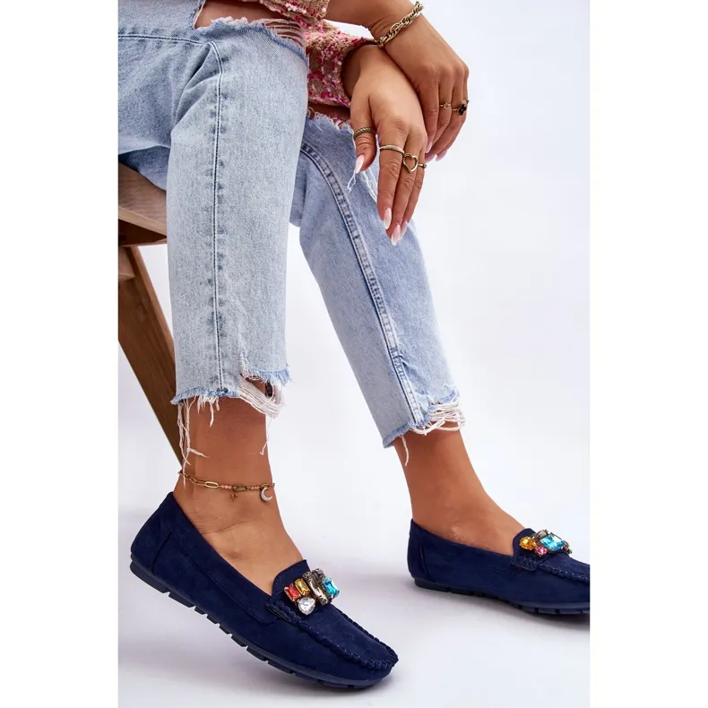 Blue Navy Suede Crystal Women's Moccasins Lucille.