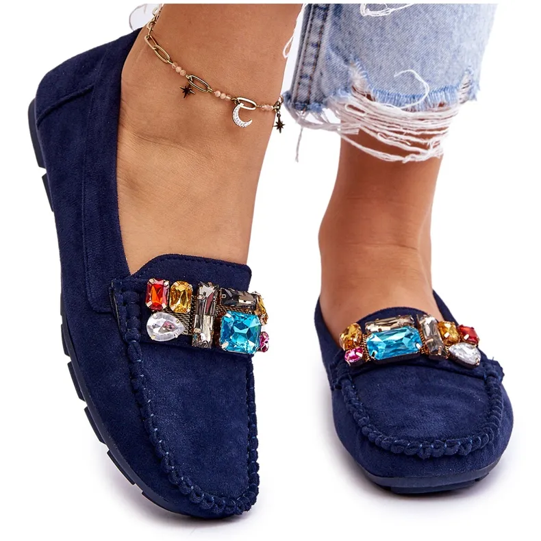 Blue Navy Suede Crystal Women's Moccasins Lucille.