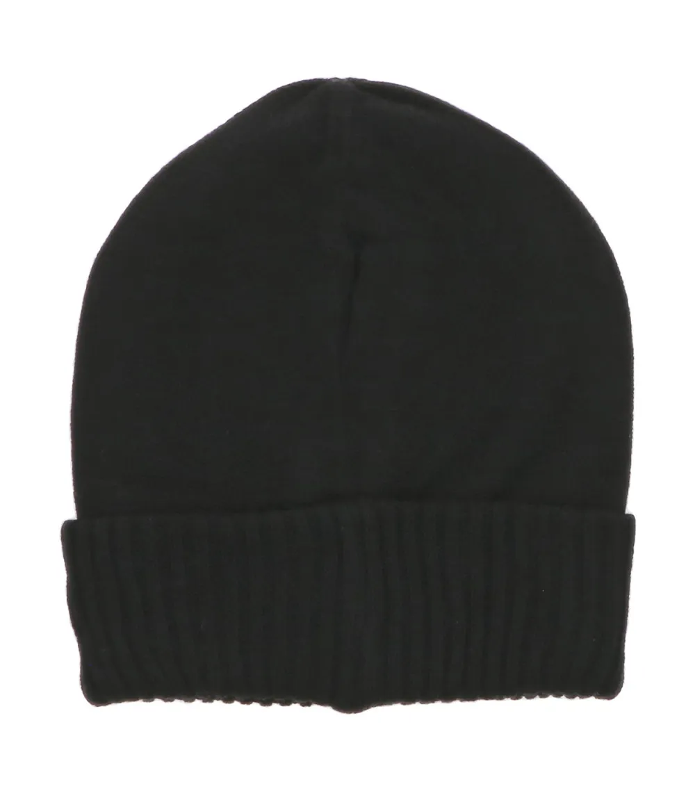 Black Wool Blend Junior Boy Boss Beanie with Wide Ribbed Cuff