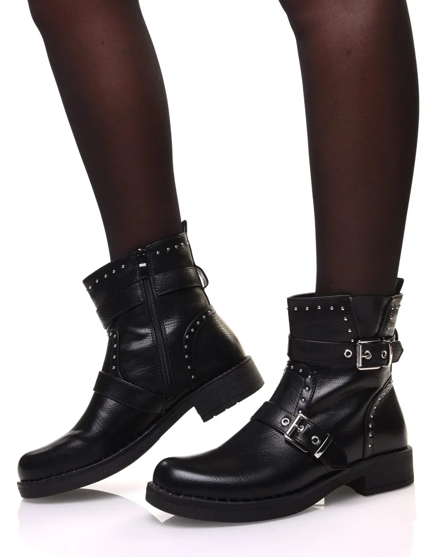 Black Boots with Straps and Embellished with Small Round Studs