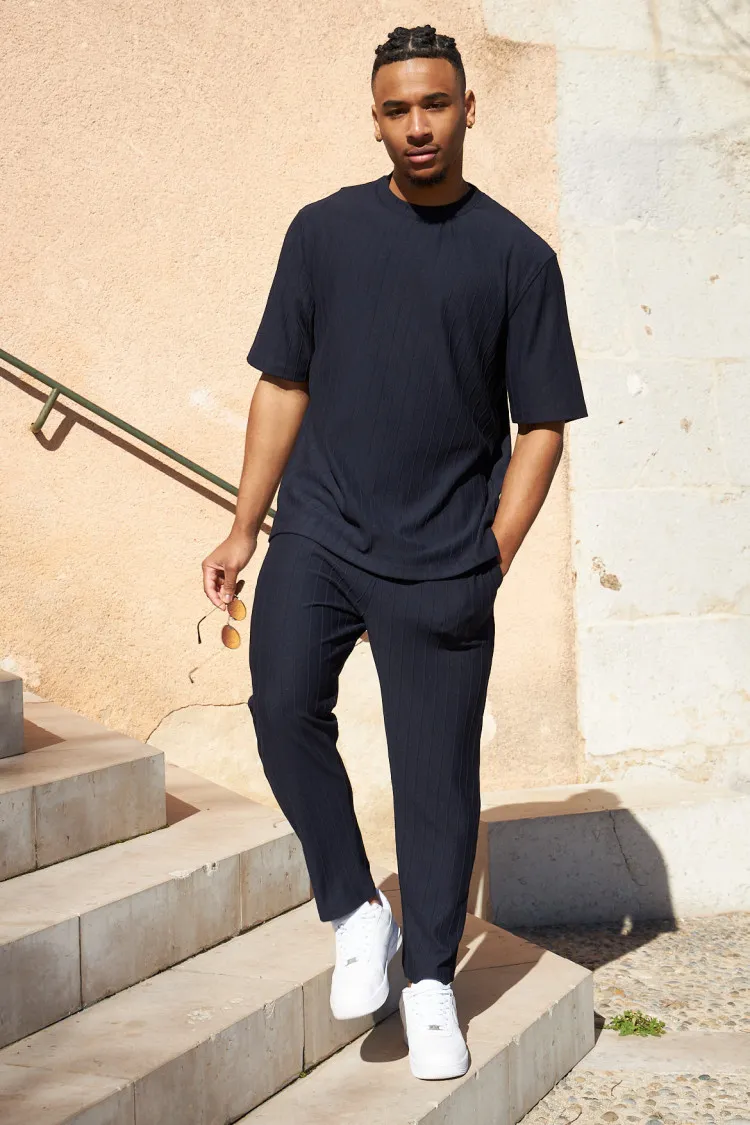 Dark Blue Striped T-Shirt + Pants 2-Piece Set