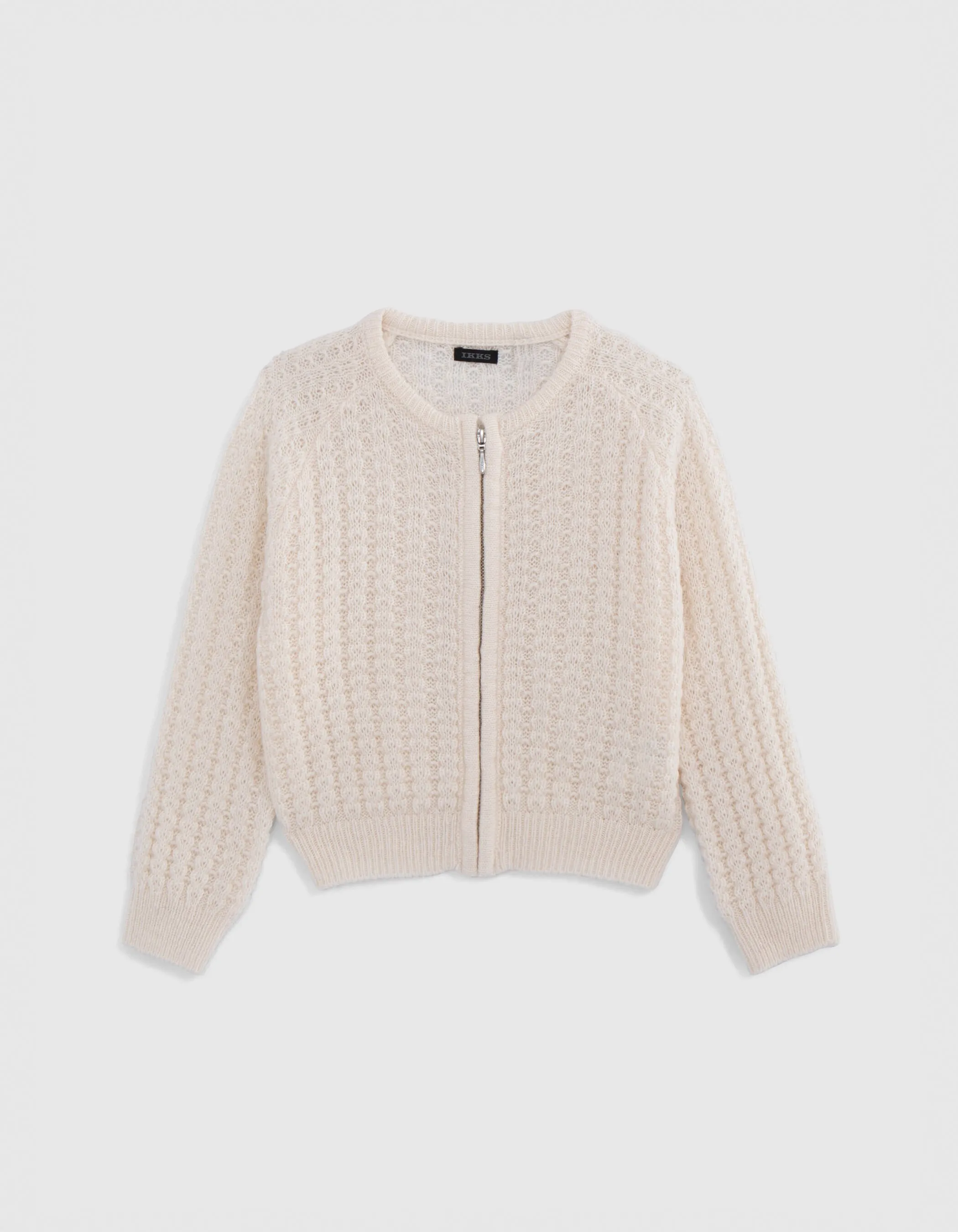 Girls' Fancy Openwork Cardigan in Zip-Up Ecru Knit