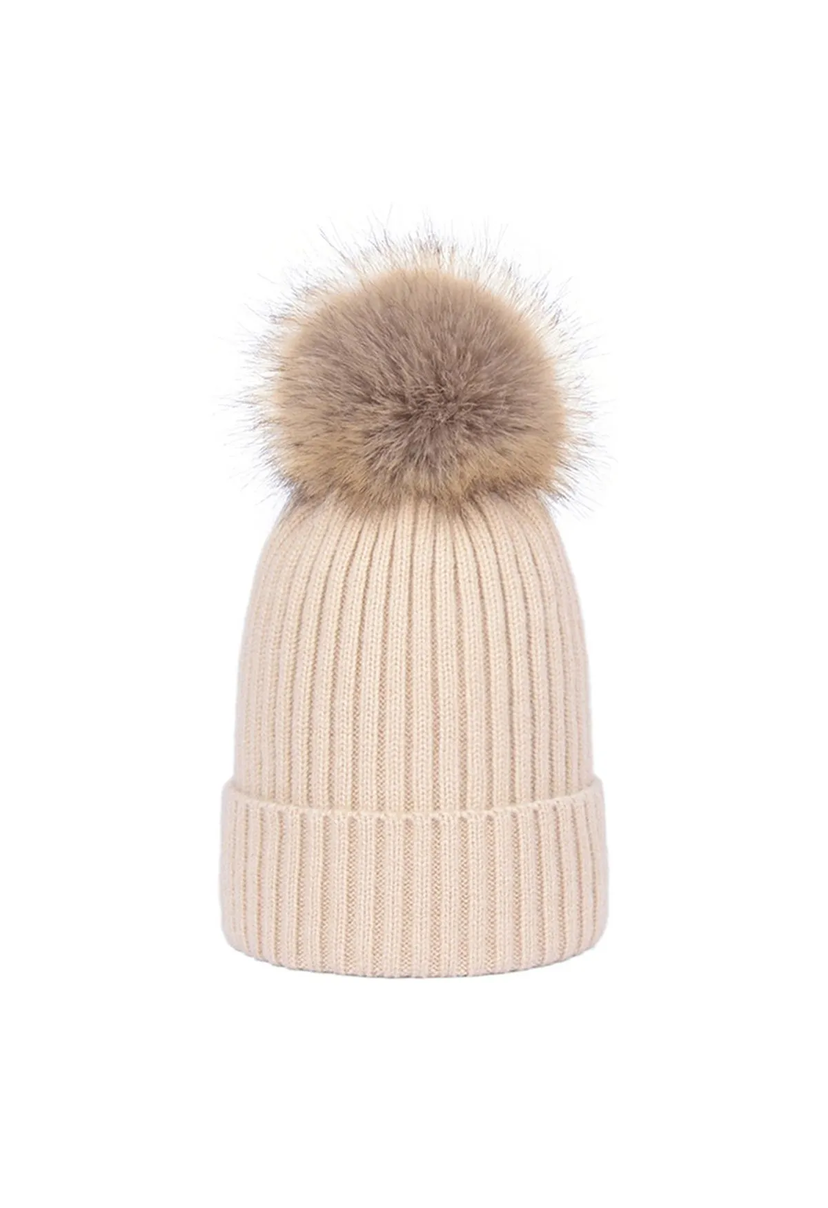 Knit Ribbed Beanie with Red Pompons