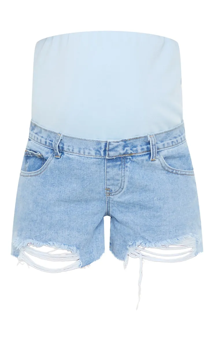 Blue Maternity Denim Shorts with Light Wash, Ripped, and Support Band.