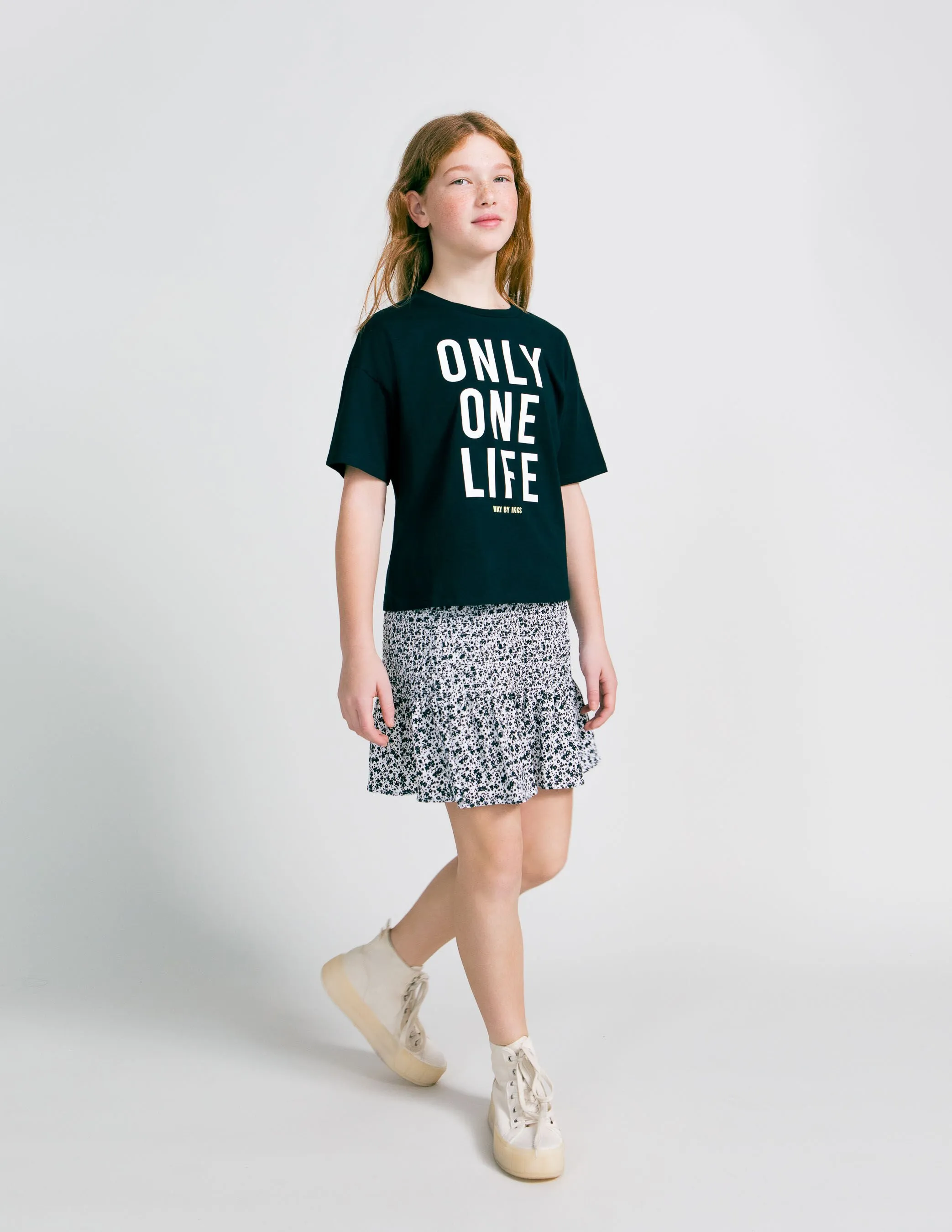 Off-White Skirt with Black Flower Print, Girl