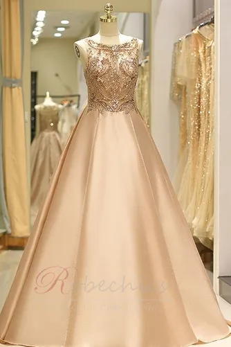 Long Satin Zip Ball Gown with Draped Floor-Length Skirt and Jeweled Embellishments