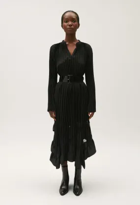 Robe noire longue plissée à volants | Claudie FR