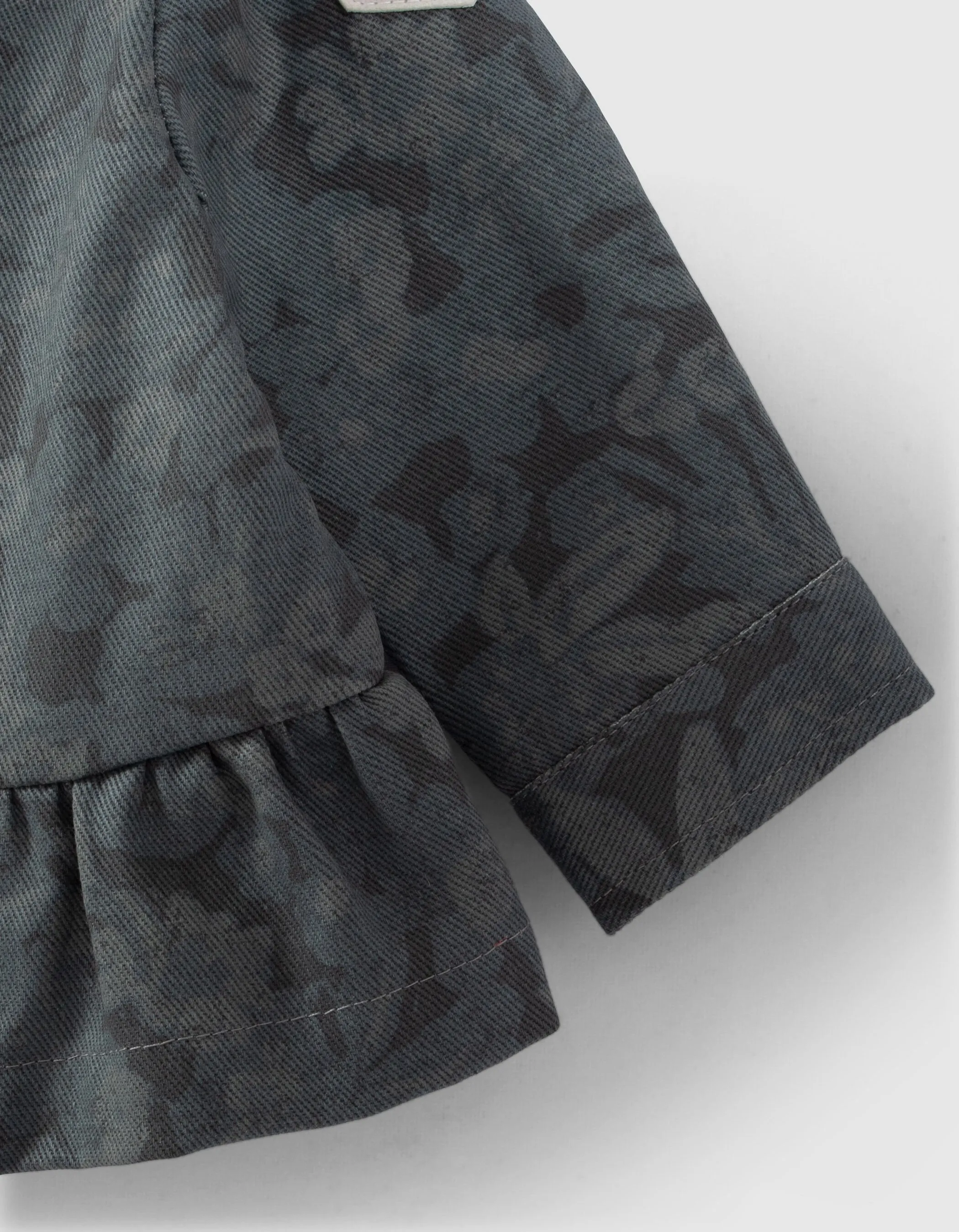Khaki denim maxi dress with embroidered floral design for baby girls