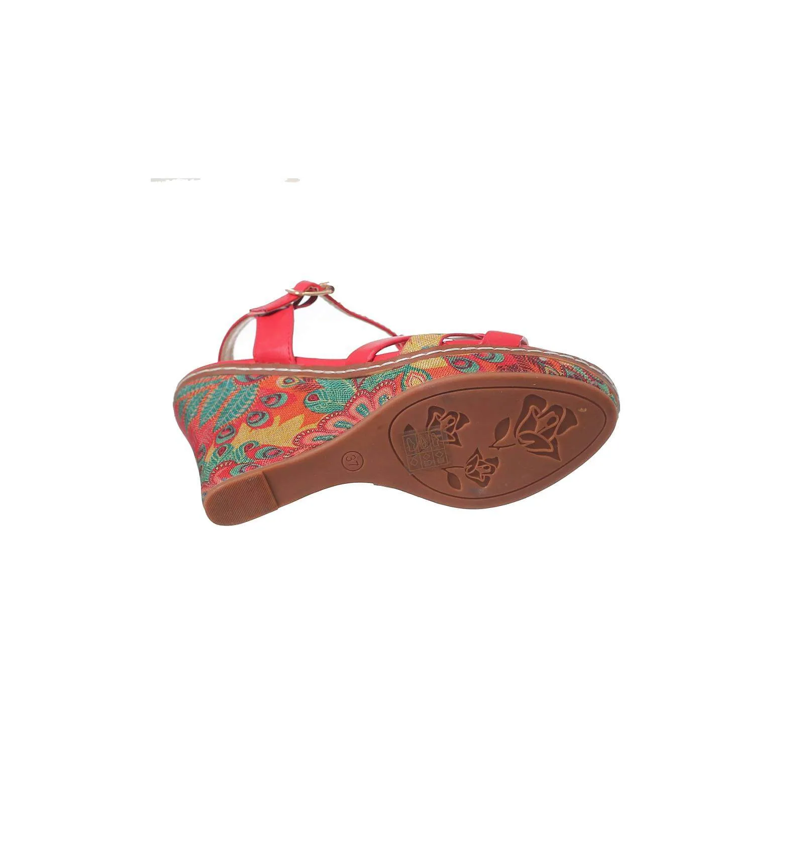 Sandale femme simili cuir compensé rouge à fleurs avec brides FINA