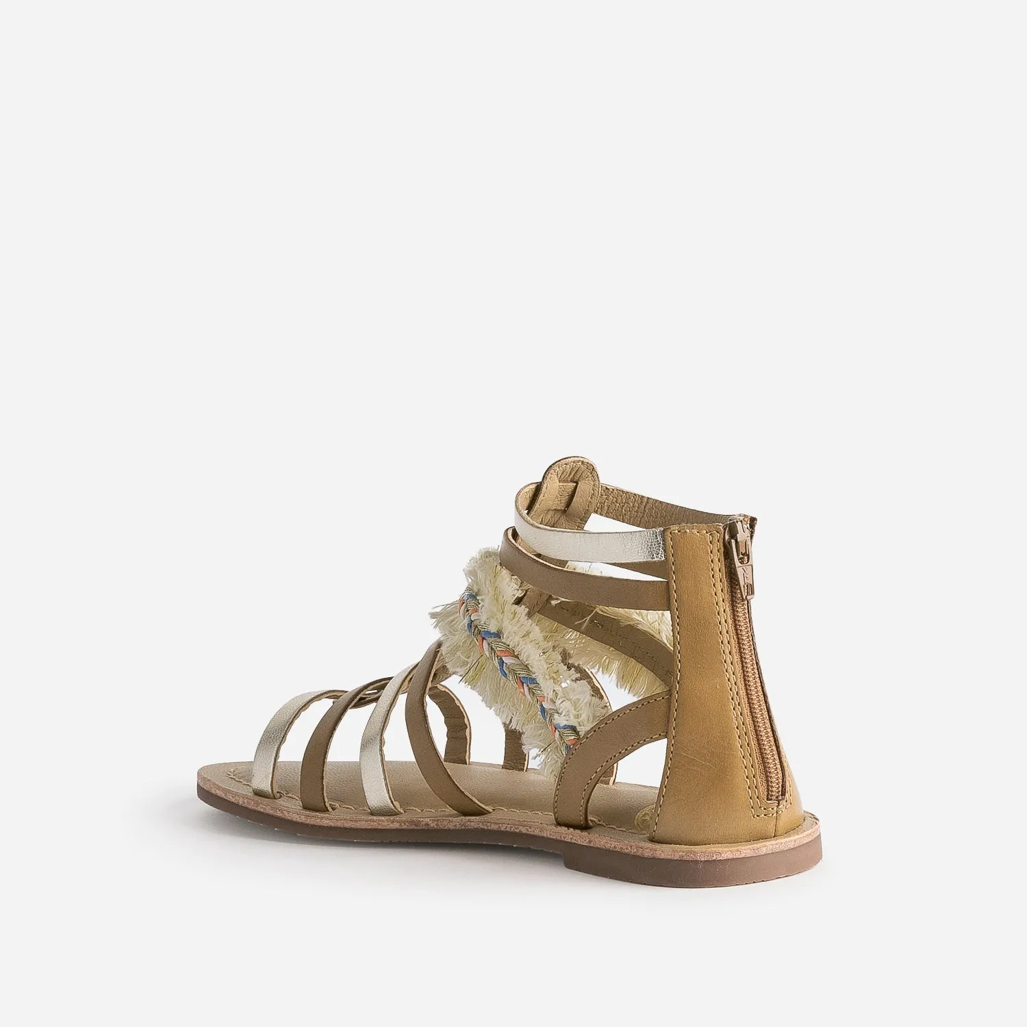 Sandale spartiate camel et doré en cuir avec galon frangé - Sandales Enfant | ERAM