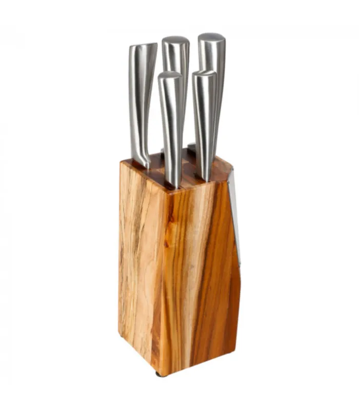 Set de 5 couteaux de cuisine en inox et bloc en acacia
