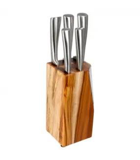 Set de 5 couteaux de cuisine en inox et bloc en acacia