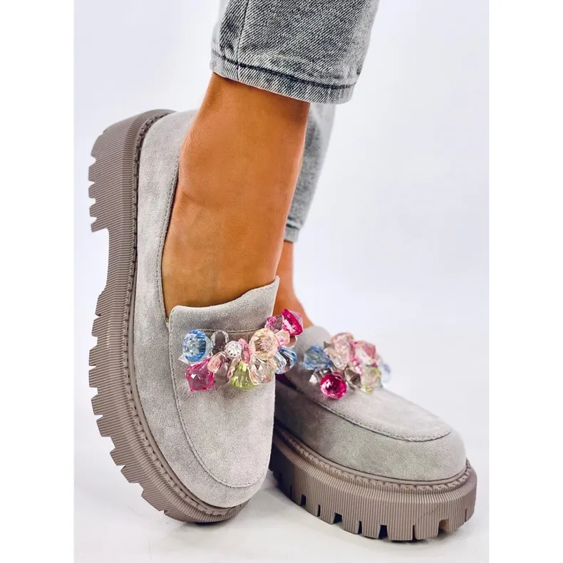 Stefani Grey platform moccasins with gray pearls