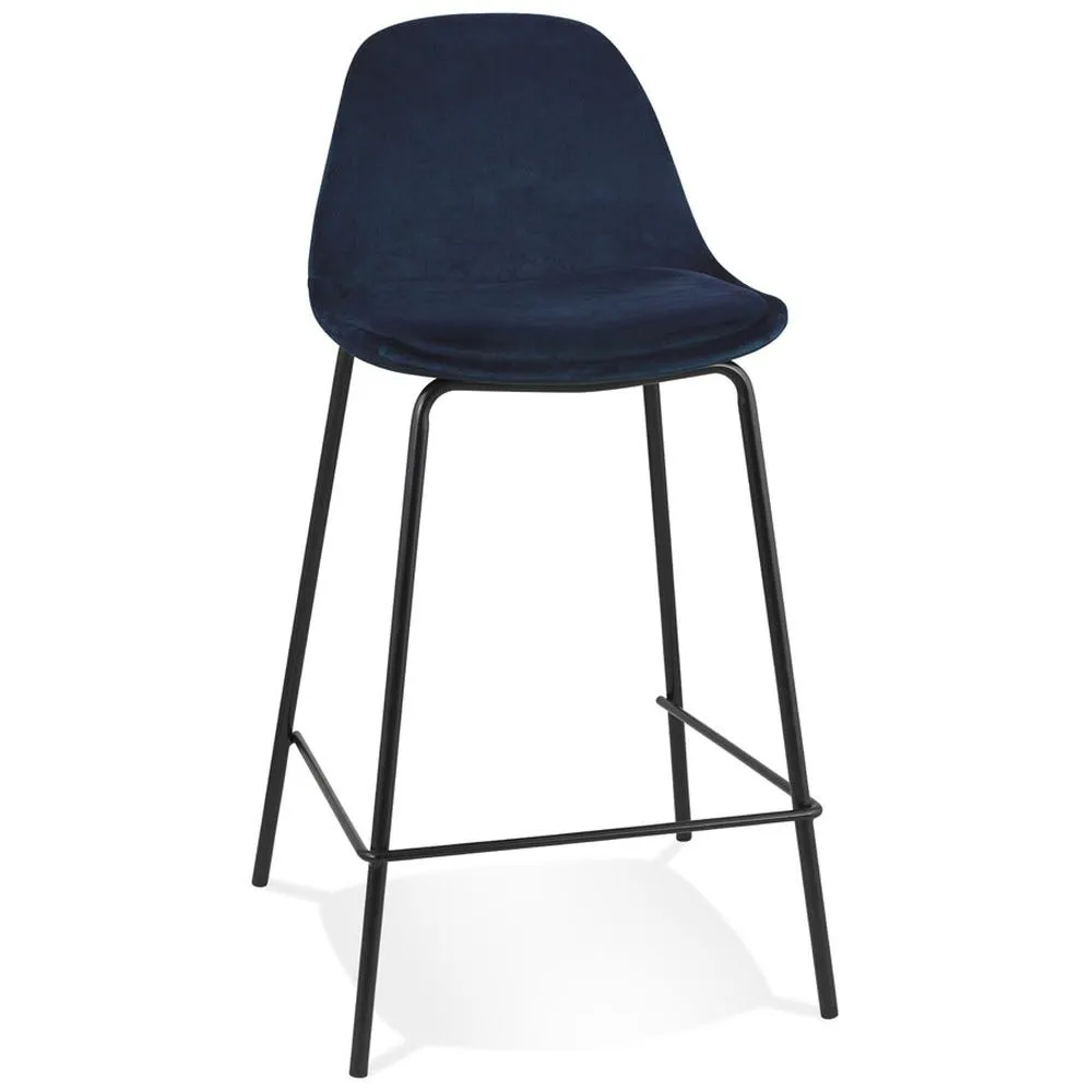 Tabouret snack mi-h 'fenton mini' en velours bleu et pied en métal noir