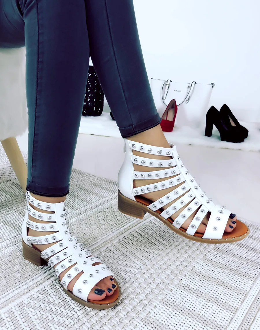White Studded Multi-Strap Sandals