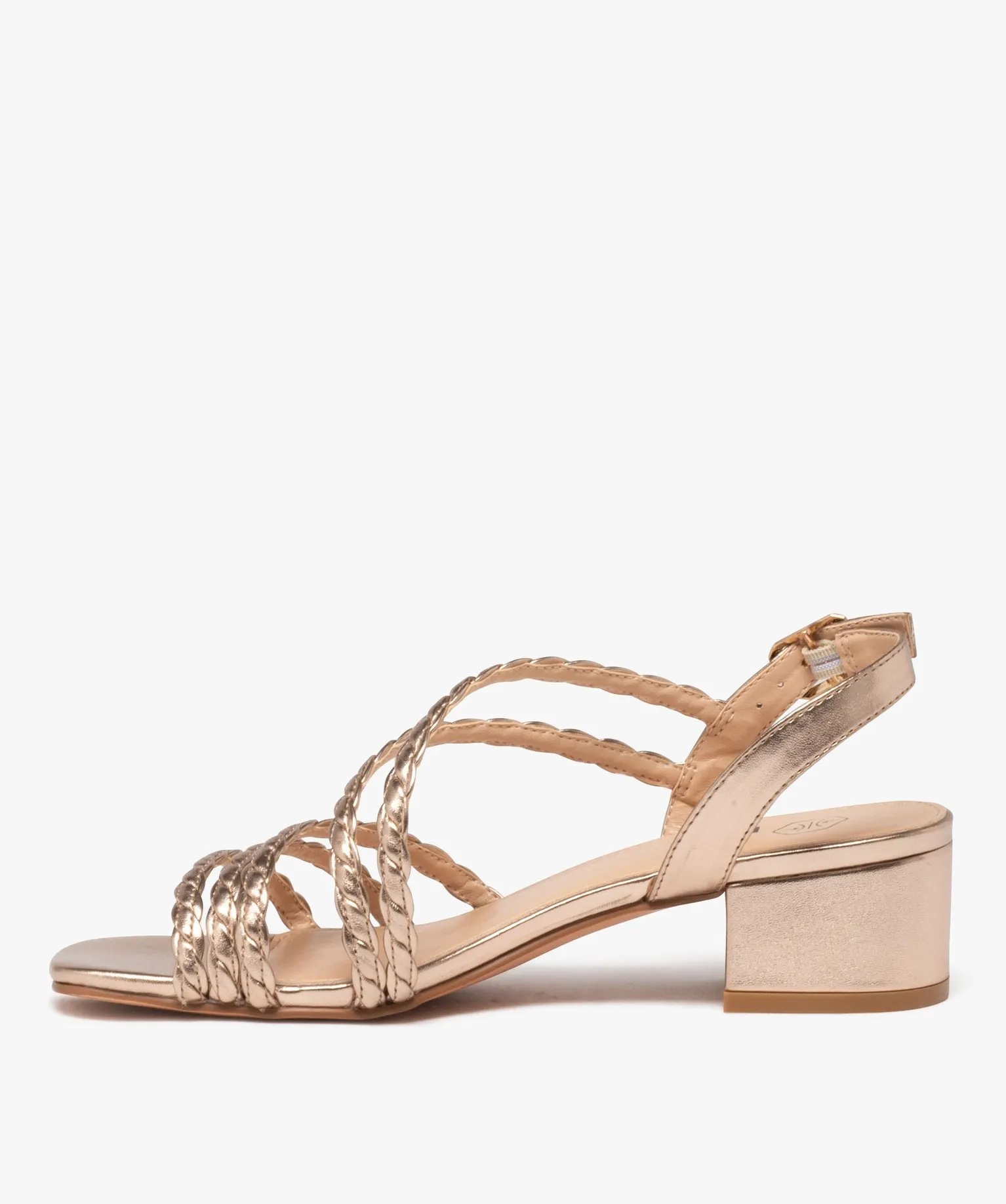 women's square heel metallic pink woven strap sandals.